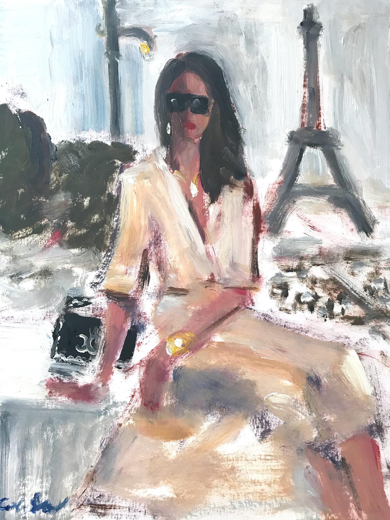 Cindy Shaoul Abstract Painting - "Denise in Paris" Figure with Chanel NYC Oil Painting on Paper