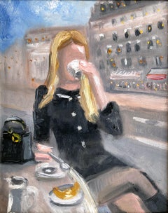 "Dior and Croissants" Impressionistic Oil Painting Woman in a Street Cafe Framed
