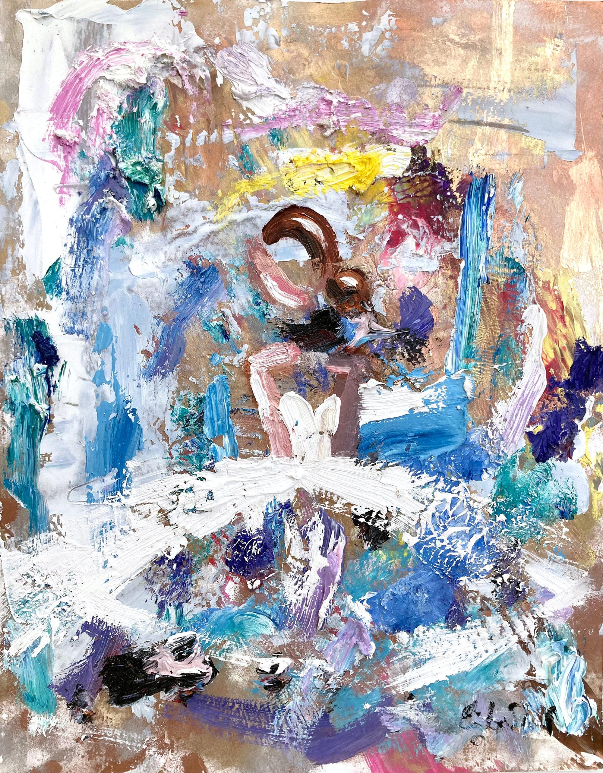 Abstract Painting Cindy Shaoul - "Dior en France" Figure en robe blanche Haute Couture Huile sur papier