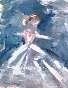 "Dior in Paris" Figure dans une robe de Chanel Haute Couture peinture à l'huile sur papier