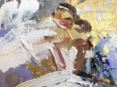 „Dior in Venedig“ Figur mit Kleid Französisch Haute Couture Ölgemälde auf Papier