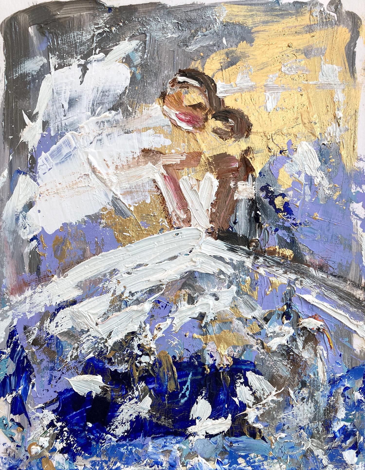 Cindy Shaoul Figurative Painting – „Dior in Venedig“ Figur mit Kleid Französisch Haute Couture Ölgemälde auf Papier