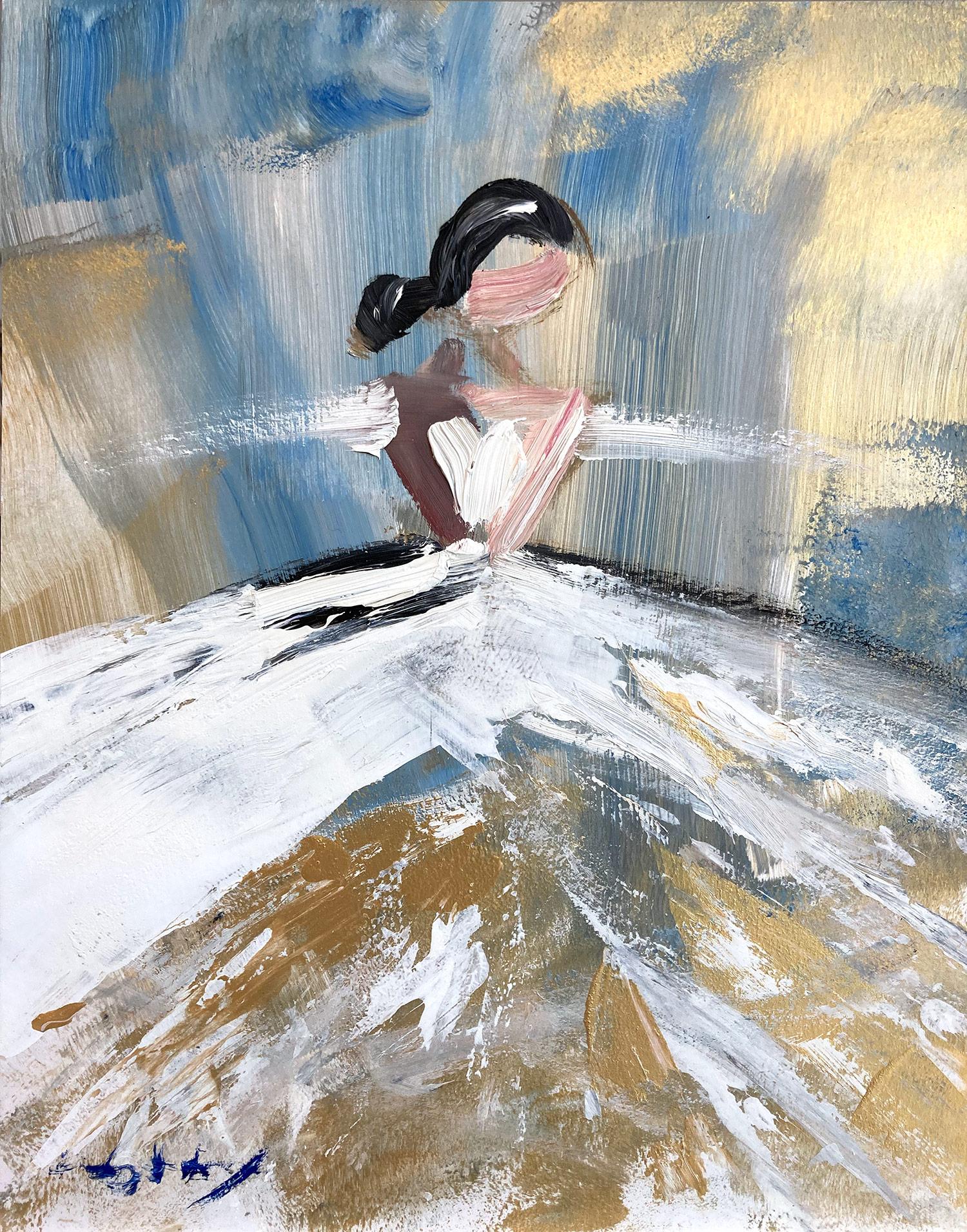 Cindy Shaoul Figurative Painting – „Dior, dann Paris“ Figur in Dior-Kleid Haute Couture mit Gold-Ölgemälde 