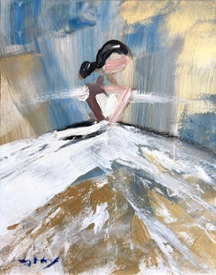 "Dior, then Paris" Figure in Dior Gown Haute Couture with Gold Oil Painting 