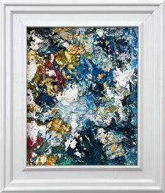 "Dream Come Trueing" Colorato dipinto contemporaneo a olio e oro su pannello di Wood con cornice
