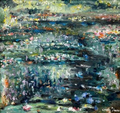 «El sueño de Monet: nenúfares», colorida pintura al óleo de estilo impresionista sobre madera enmarcada