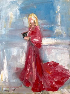 "Dream of Paris" Colorful French Haute Couture Red Gown Oil Painting on Canvas