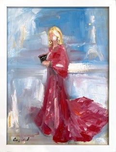 "Dream of Paris" Colorful French Haute Couture Red Gown Oil Painting on Canvas