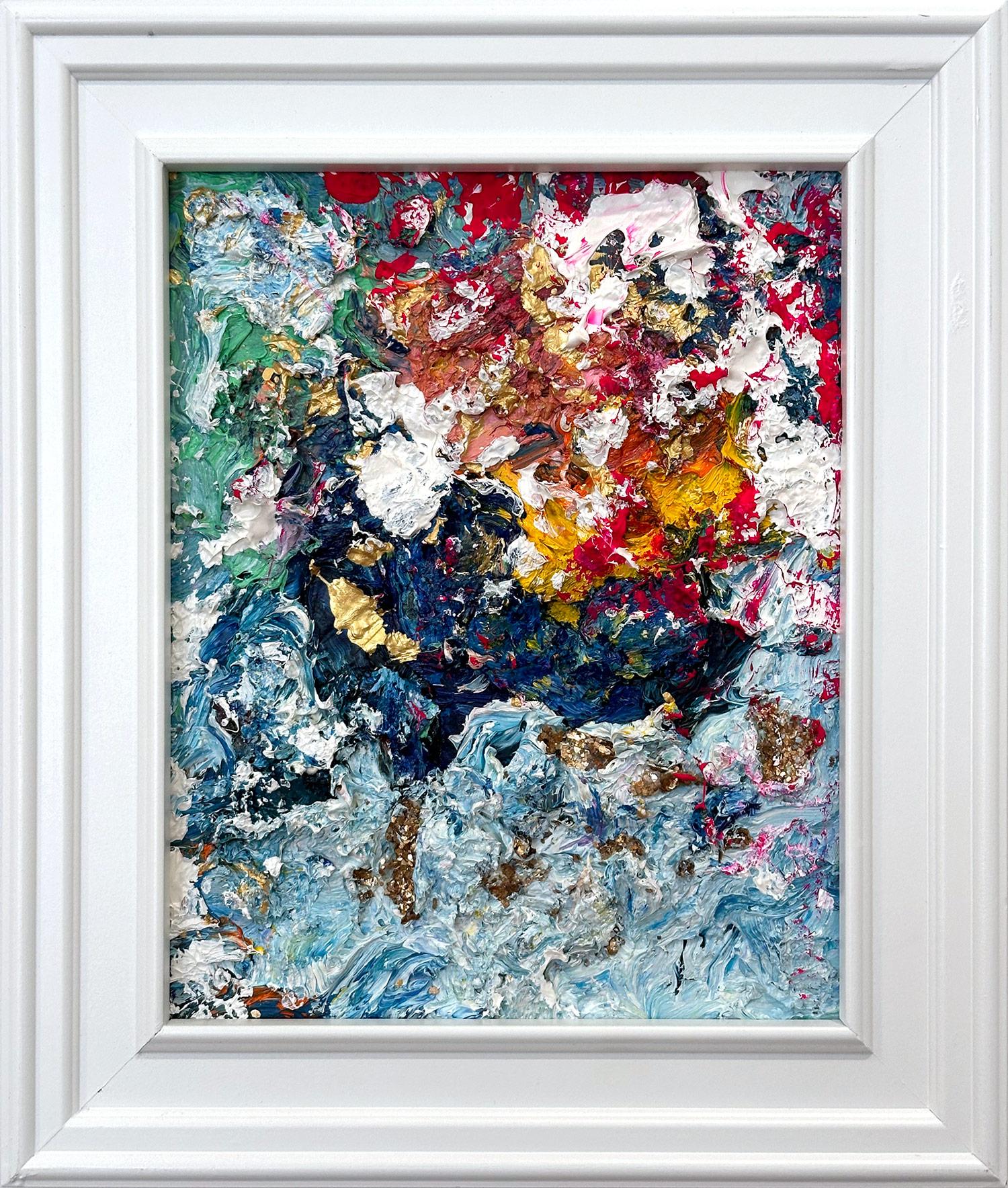 Abstract Painting Cindy Shaoul - "Dream On" Peinture contemporaine colorée à l'huile et à l'or sur panneau de bois Cadre blanc