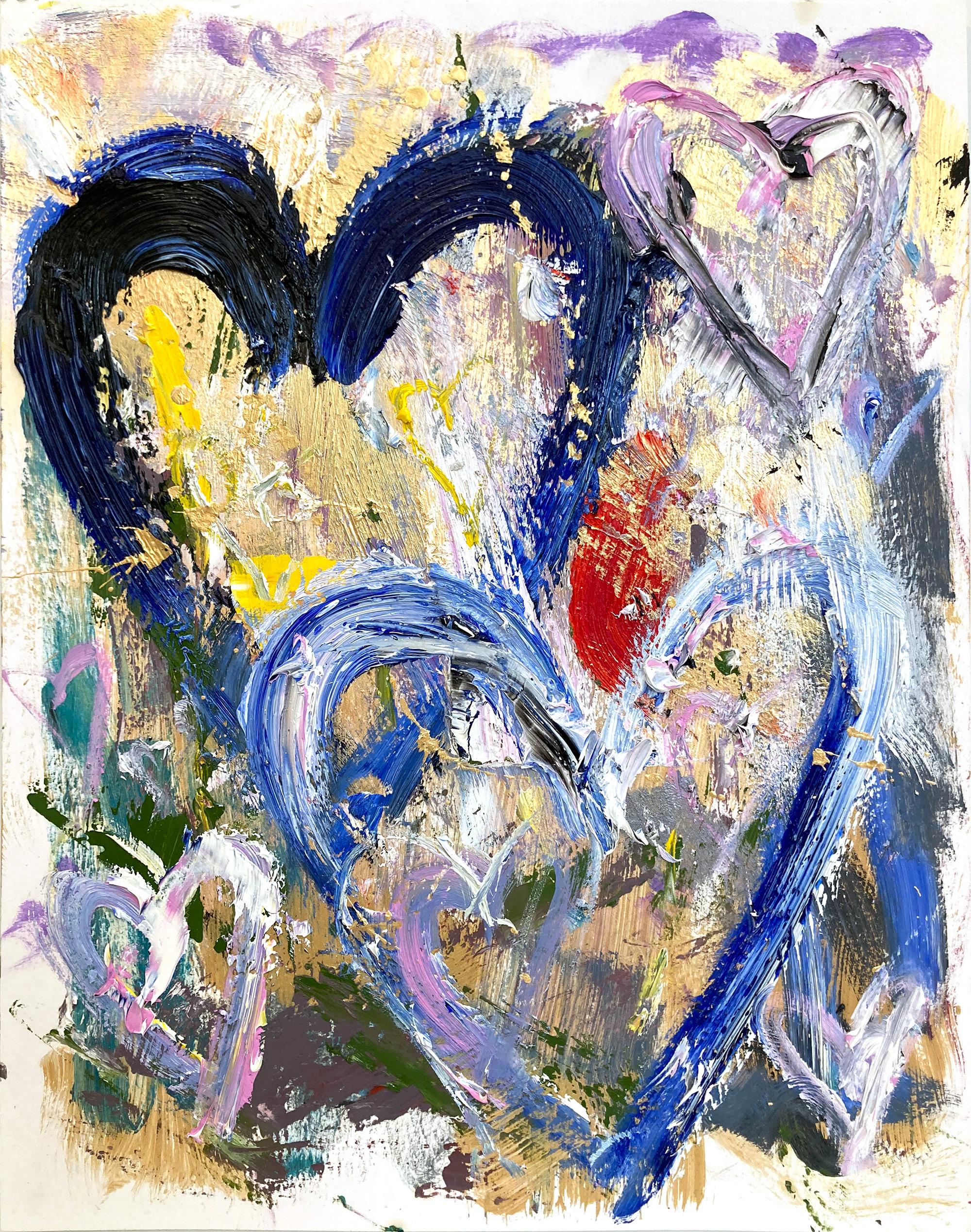 "Dream On" Colorful with Gold Tones Pop Art Hearts Abstract Painting on Paper