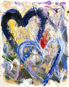 "Sigue soñando" Pintura abstracta Pop Art Corazones de colores sobre papel con dorado