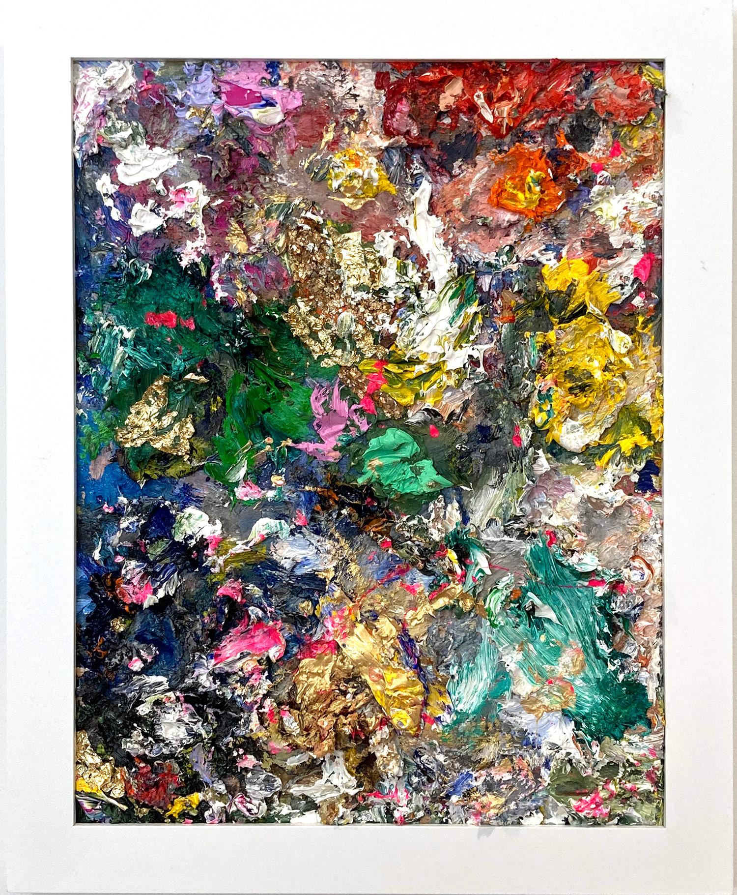 "Sognatore" Colorato dipinto astratto contemporaneo a olio e oro su pannello di legno con cornice
