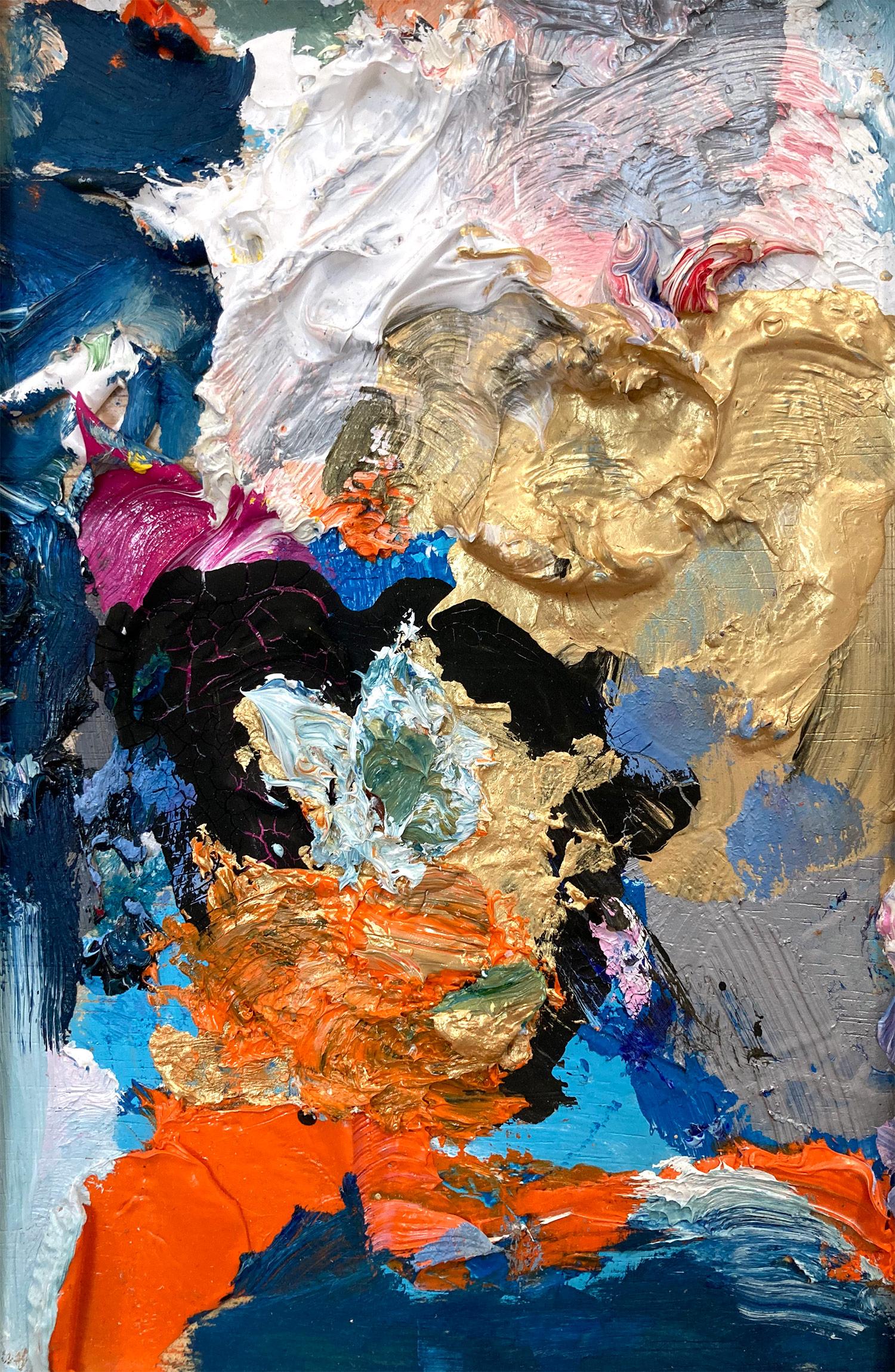 „Dreaming of De Kooning“ Buntes abstraktes Ölgemälde auf Holzplatte, gerahmt – Painting von Cindy Shaoul
