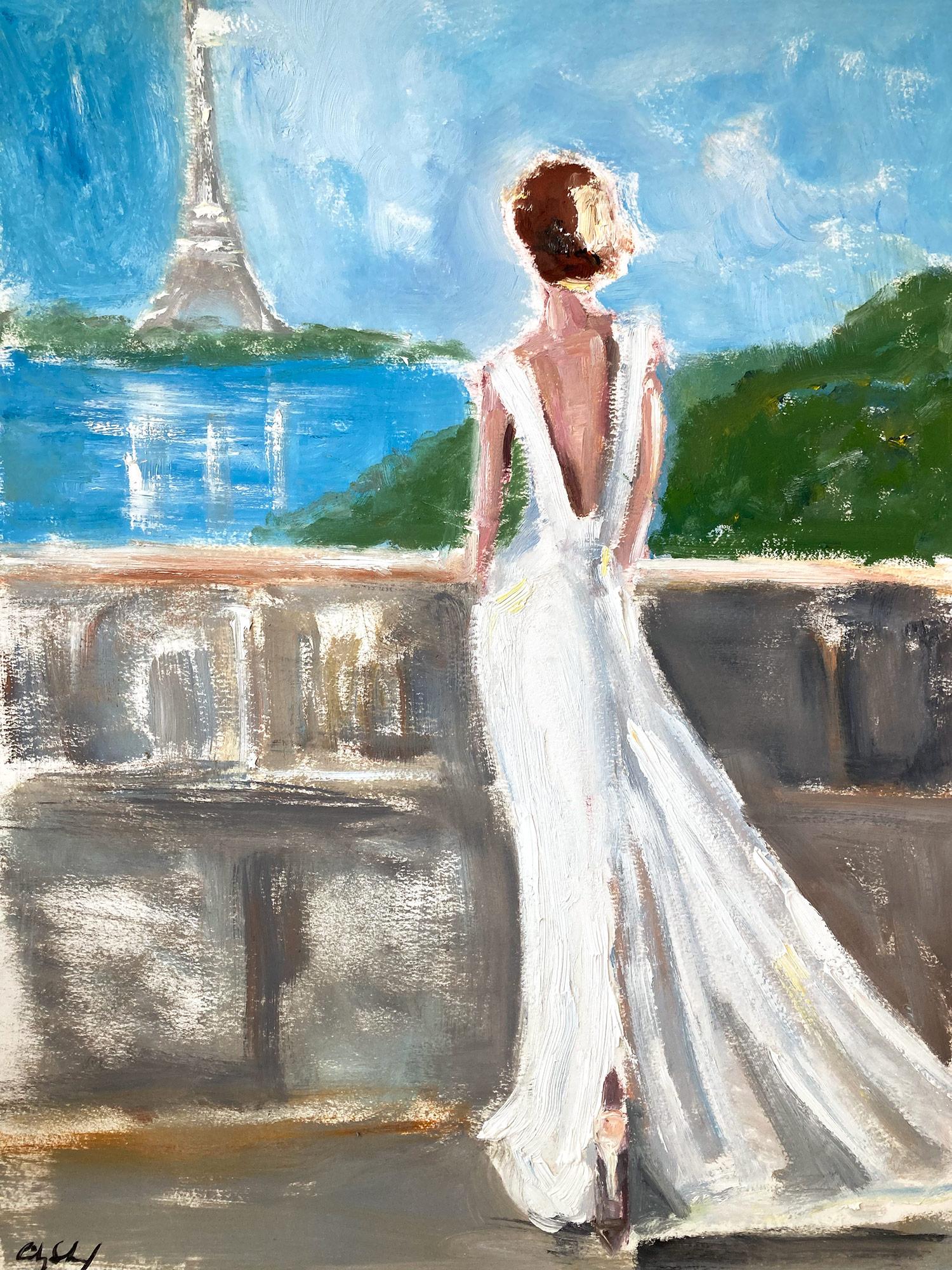 Cindy Shaoul Figurative Painting - "Dreaming of Paris " Figure by the Eiffel Tower in Chanel Oil Painting on Paper