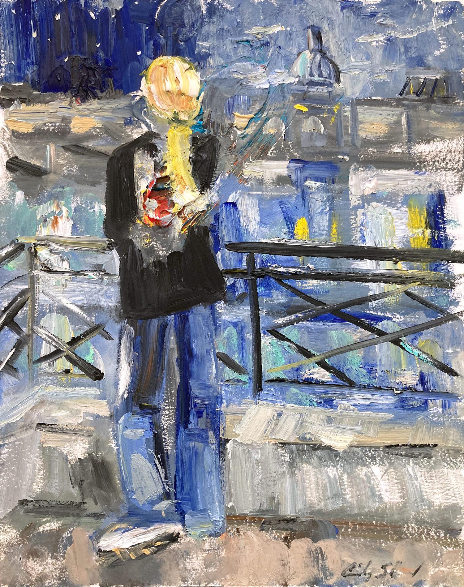 "Sognando Van Gogh" Style Paris Figura bionda Pittura a olio su carta