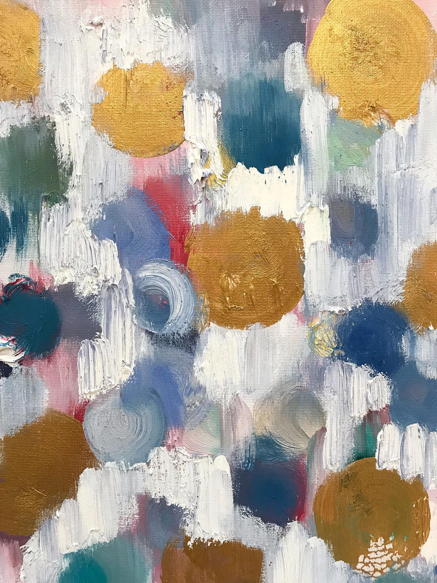 Abstraktes Gemälde in Mischtechnik und Öl auf Leinwand, „Dripping Dots – Antikgold“ – Painting von Cindy Shaoul