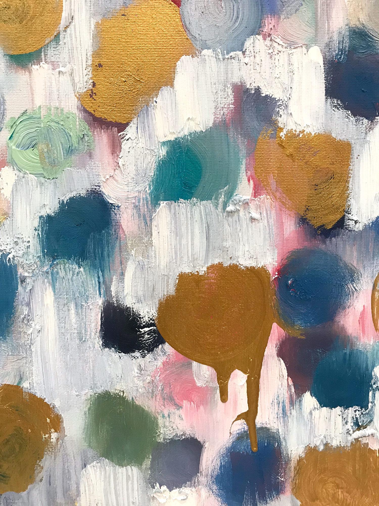 Abstraktes Gemälde in Mischtechnik und Öl auf Leinwand, „Dripping Dots – Antikgold“ (Braun), Abstract Painting, von Cindy Shaoul