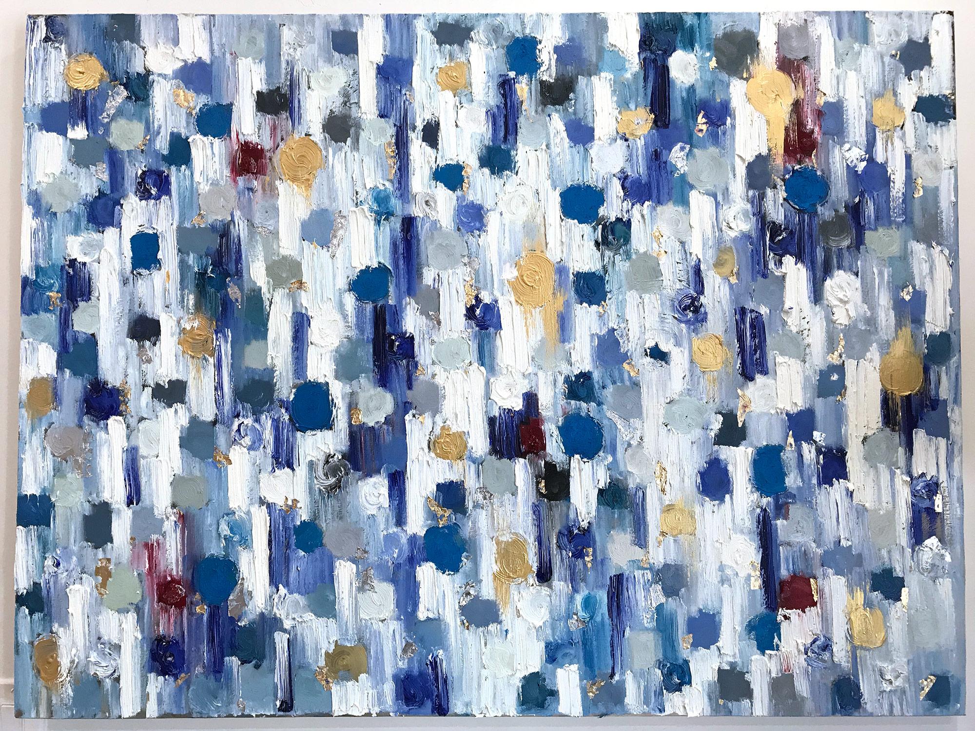 Dripping Dots, Aspen, Colorful, Abstract, Oil Painting - Blue Abstract Painting by Cindy Shaoul