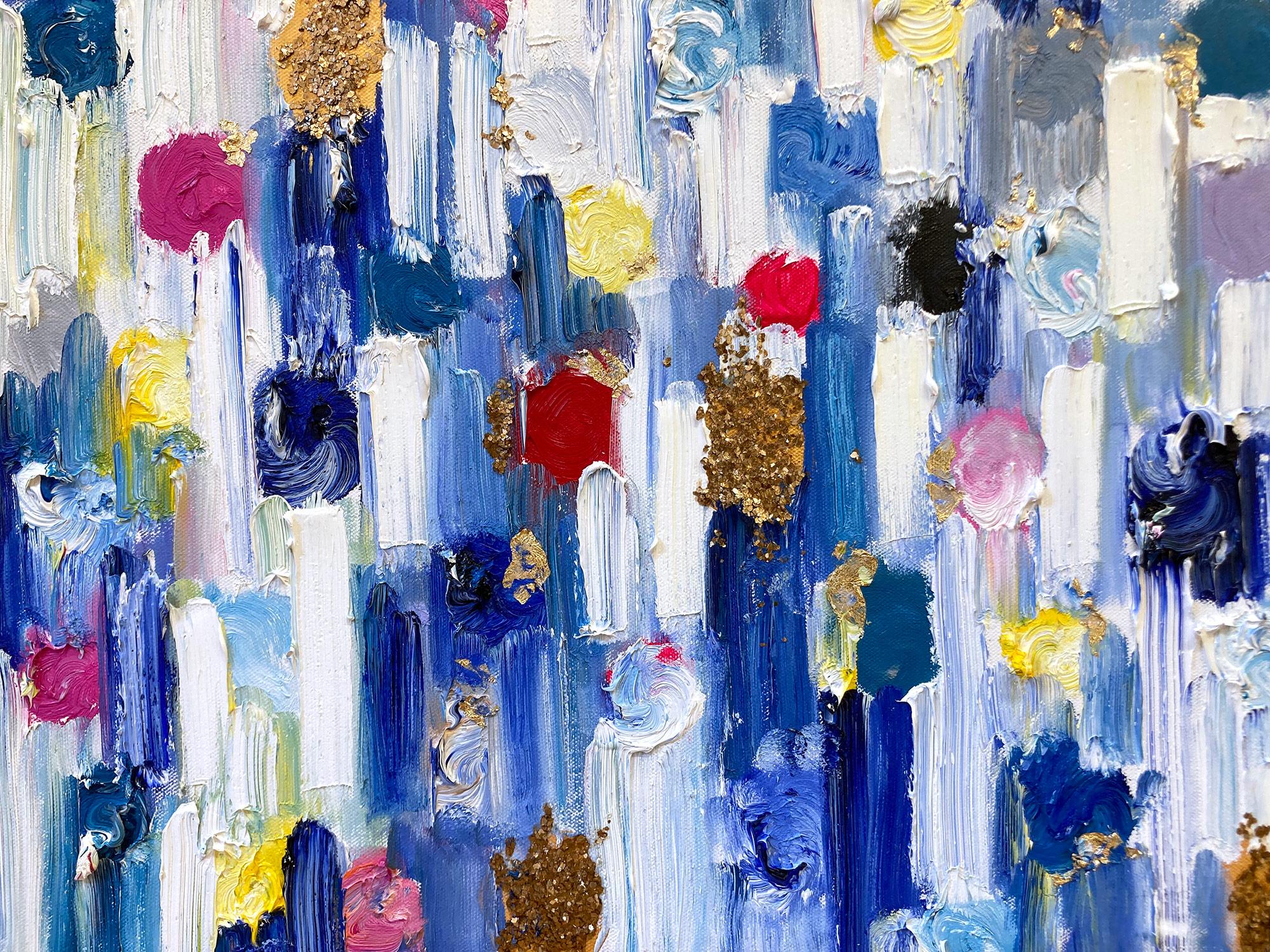 With layers of bright oils and whisking brush strokes, the paint is able to shine and shimmer in a very unique pattern. The artist uses gold leaf with thick textured oils and glass to add a very contemporary, urban feel. The way the paint blends and