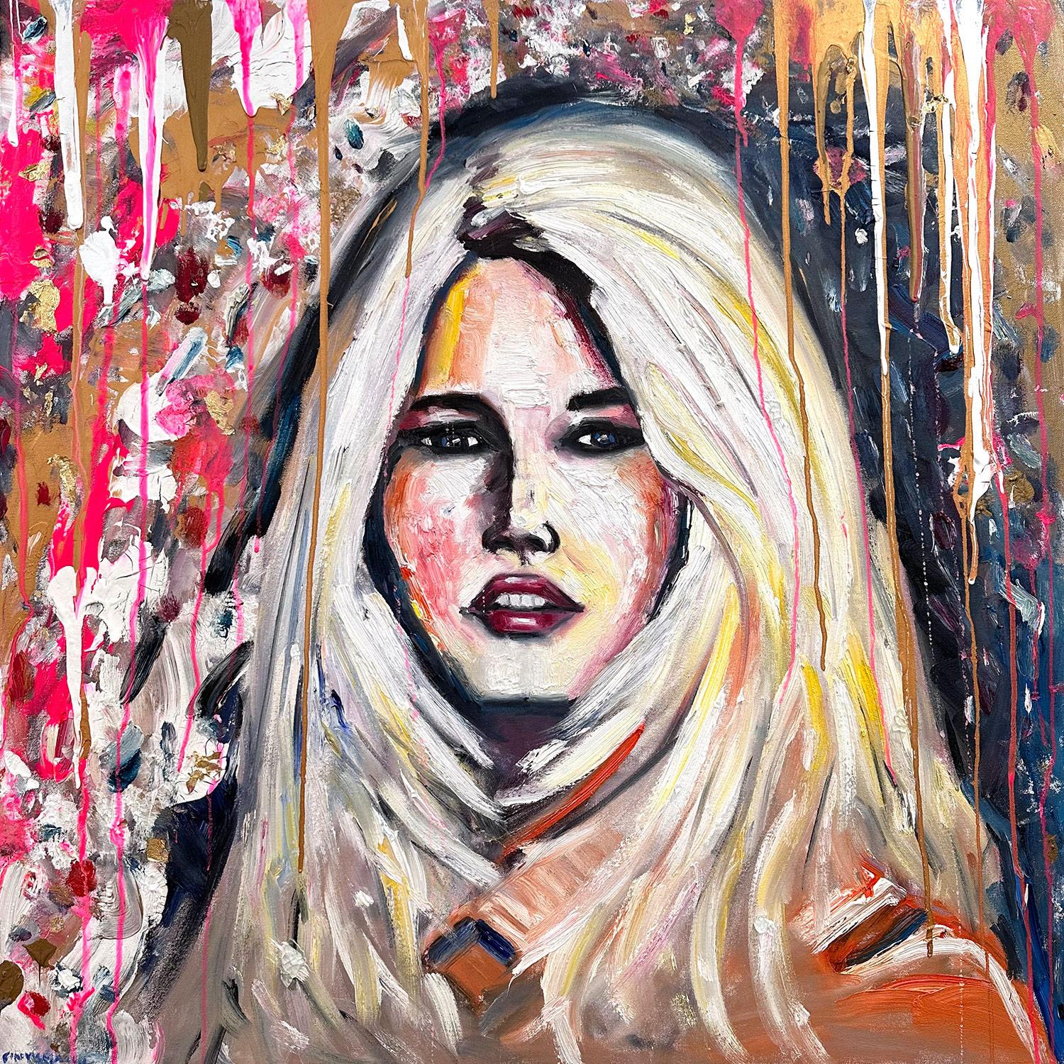 Cindy Shaoul Abstract Painting - "Dripping Dots - Bardot in St Tropez” Colorful Oil Painting of Brigitte Bardot