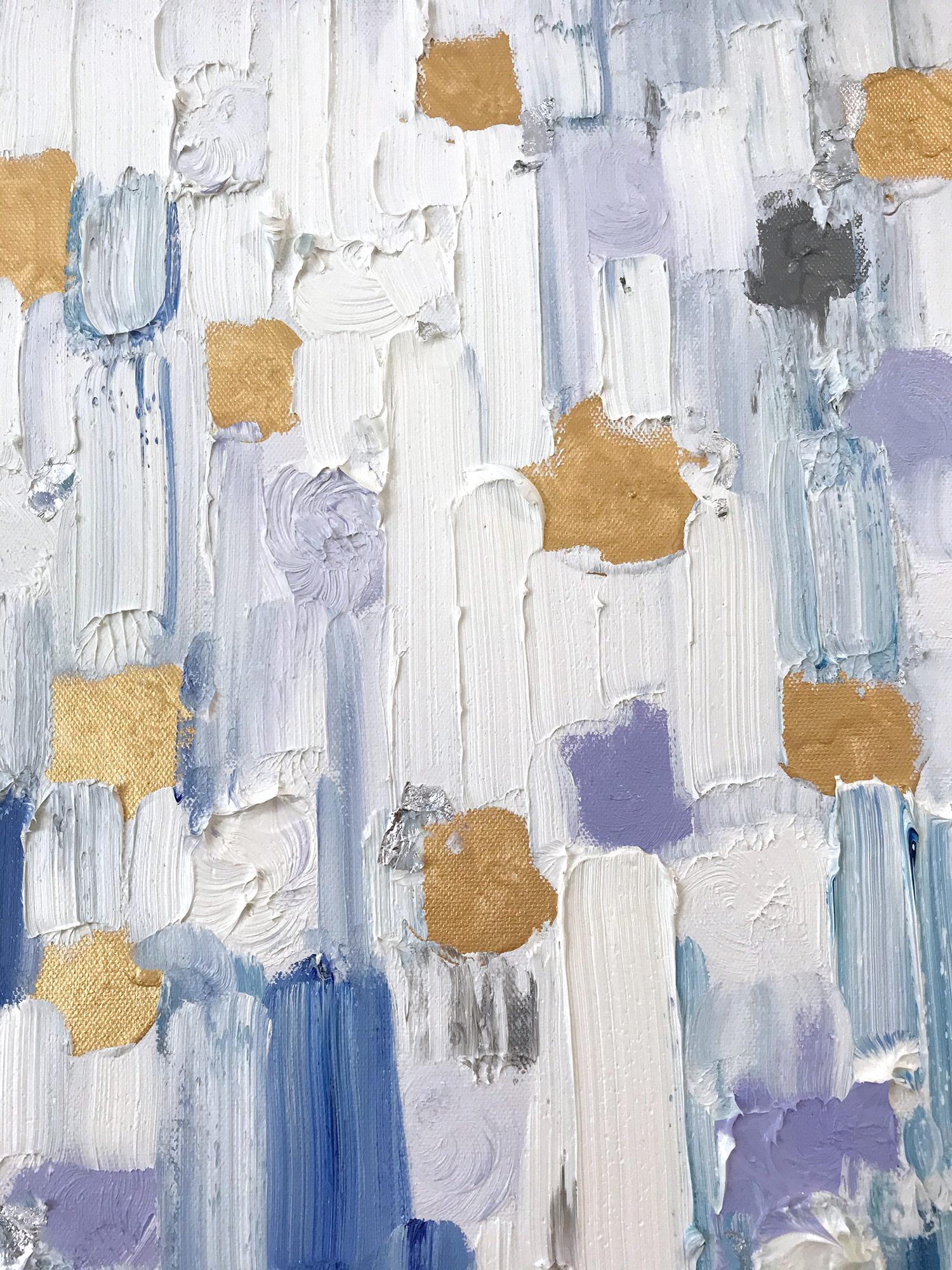 With layers of bright oils and whisking brush strokes, the paint is able to shine and shimmer in a very unique pattern. The artist uses silver leaf with thick textured oils and glass to add a very contemporary, urban feel. The way the paint blends