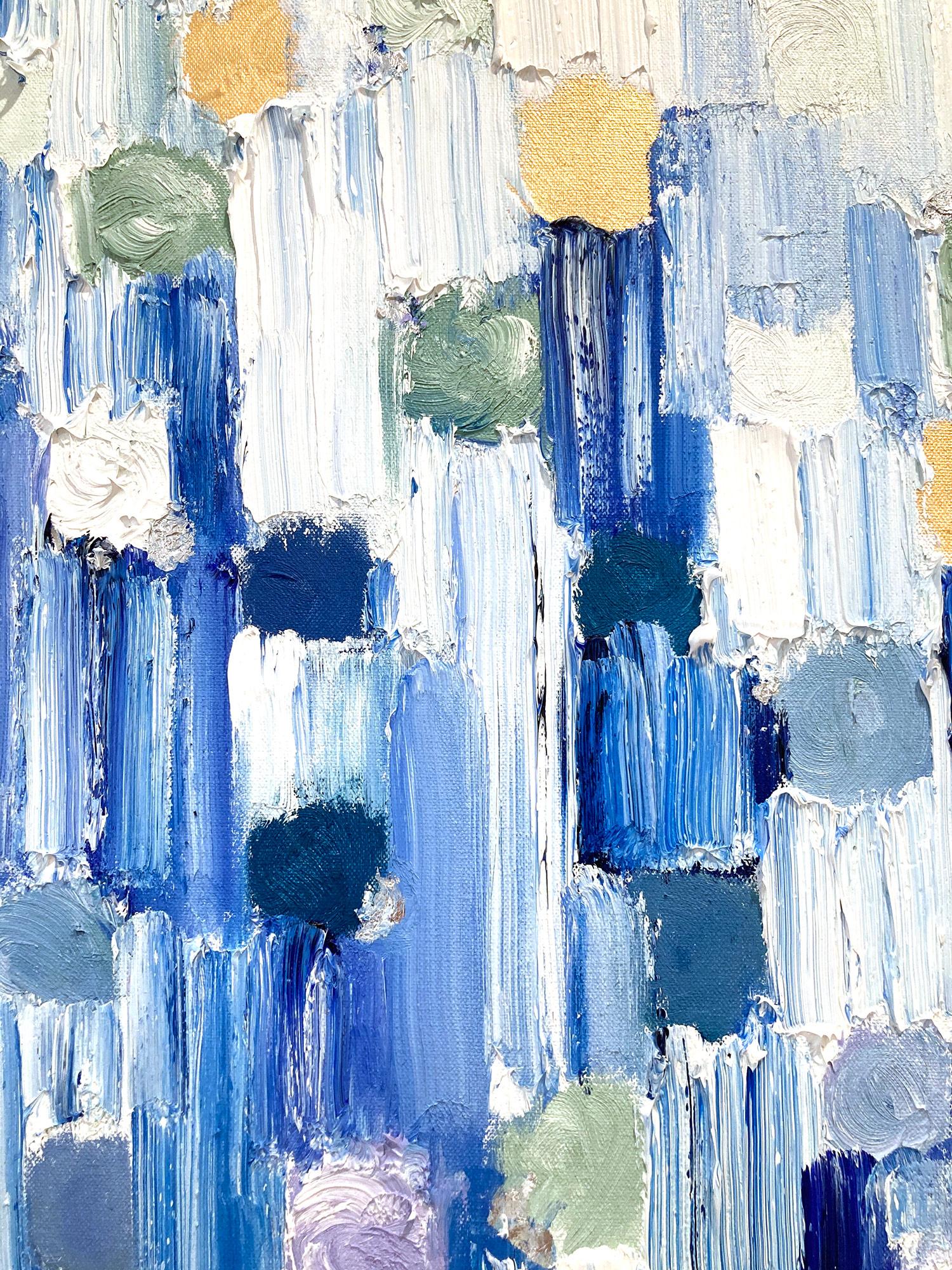„Dripping Dots - Calypso“ Buntes abstraktes Ölgemälde auf Leinwand mit Farbverlauf (Blau), Abstract Painting, von Cindy Shaoul