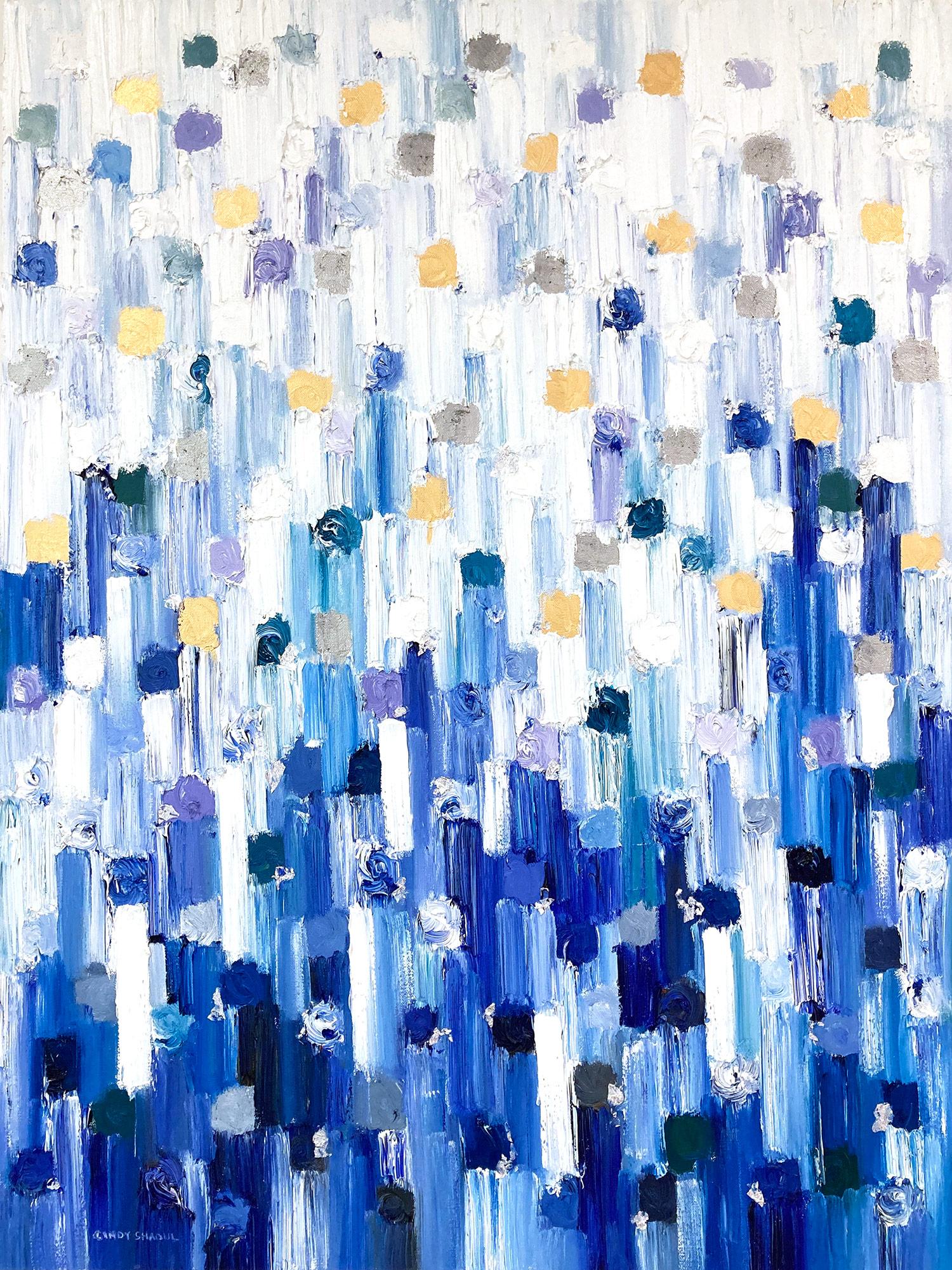 Abstract Painting Cindy Shaoul - "Dripping Dot - Calypso" Peinture à l'huile contemporaine multicolore sur toile encadrée