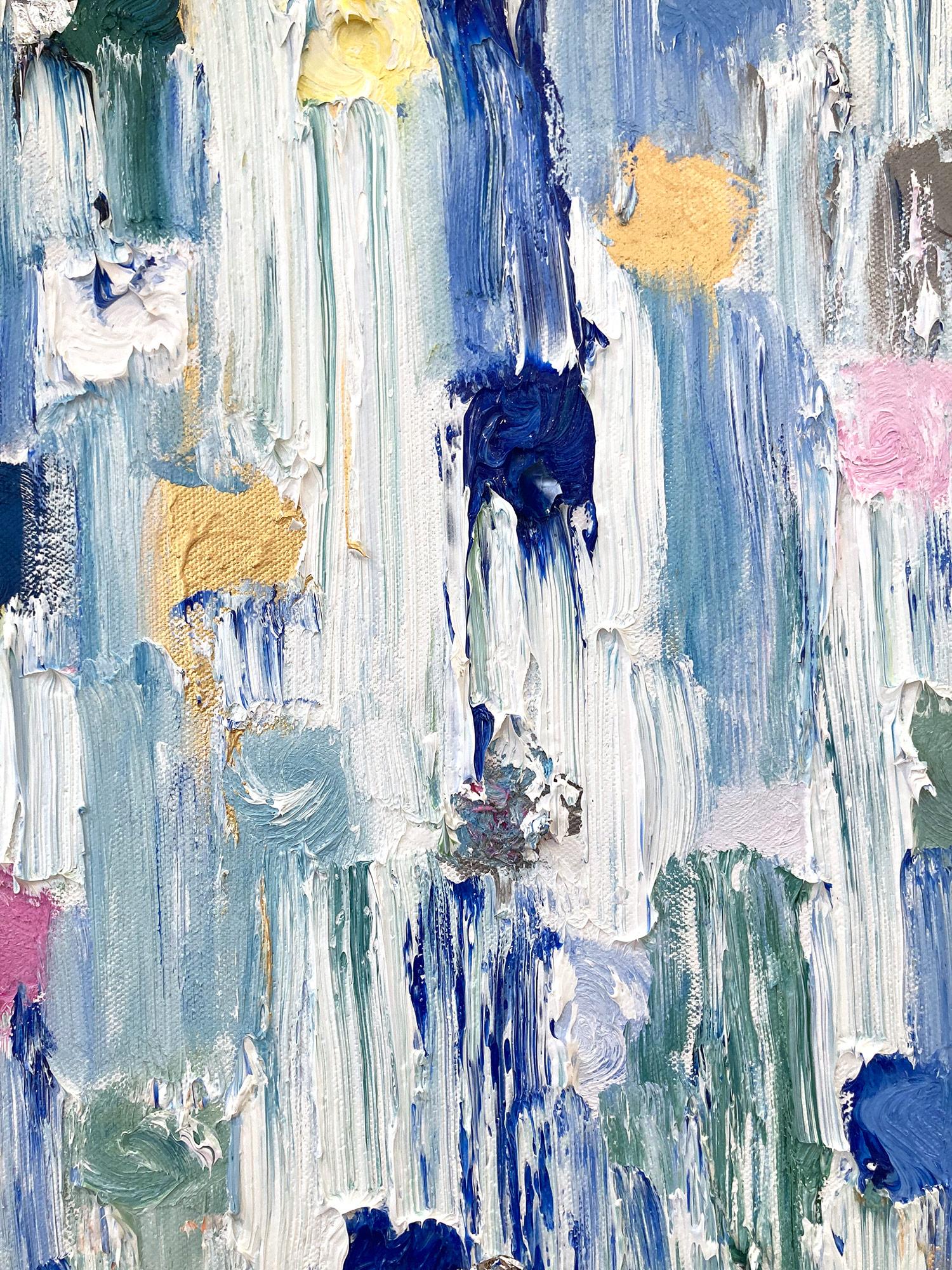 With layers of bright oils and whisking brush strokes, the paint is able to shine and shimmer in a very unique pattern. The artist uses gold leaf with thick textured oils and glass to add a very contemporary, urban feel. The “Dripping Dots” cascade