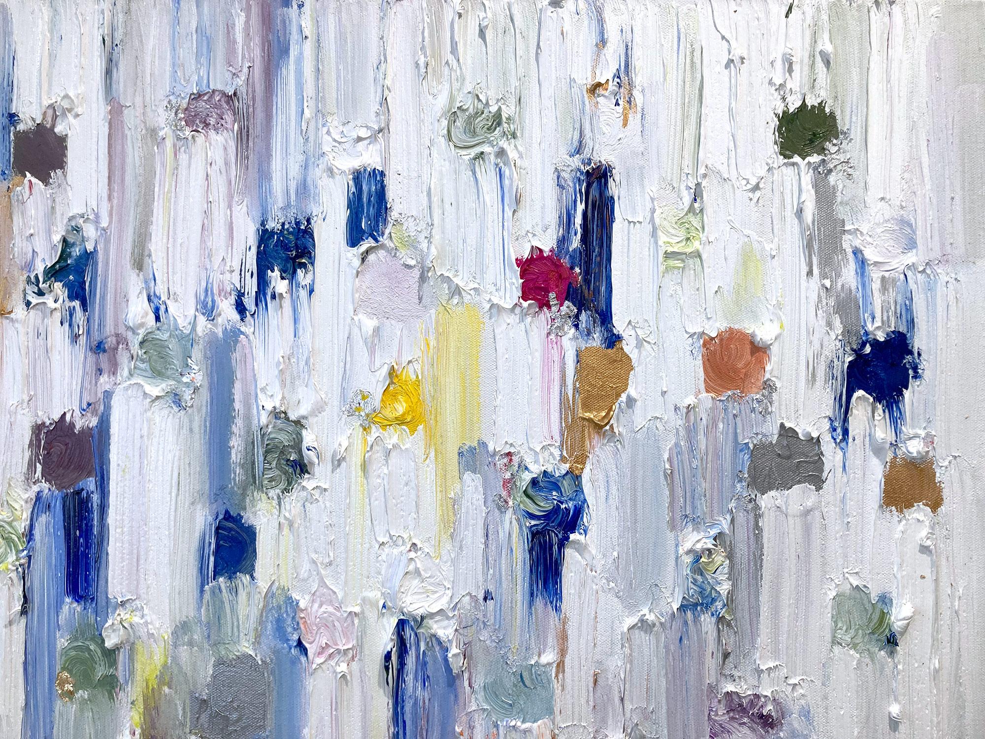 With layers of bright oils and whisking brush strokes, the paint is able to shine and shimmer in a very unique pattern. The artist uses gold leaf with thick textured oils and glass to add a very contemporary, urban feel. The “Dripping Dots” cascade