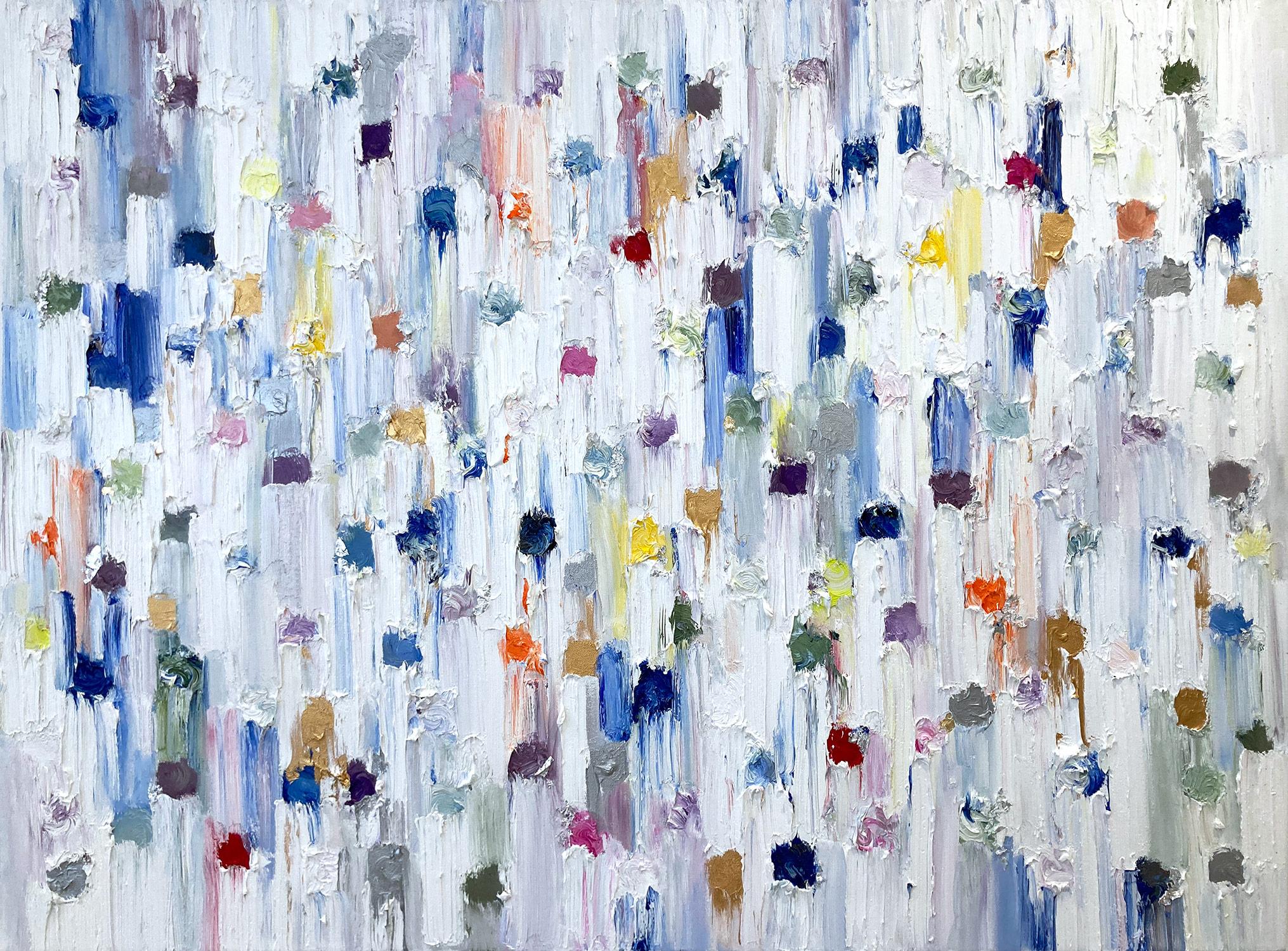 Cindy Shaoul Abstract Painting - "Dripping Dots - Cannes" Colorful & Gold Contemporary Oil Painting on Canvas