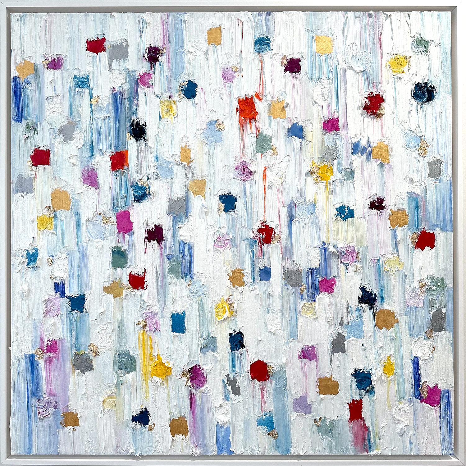Abstract Painting Cindy Shaoul - "Dripping Dots - Cannes" Peinture à l'huile contemporaine multicolore sur toile encadrée