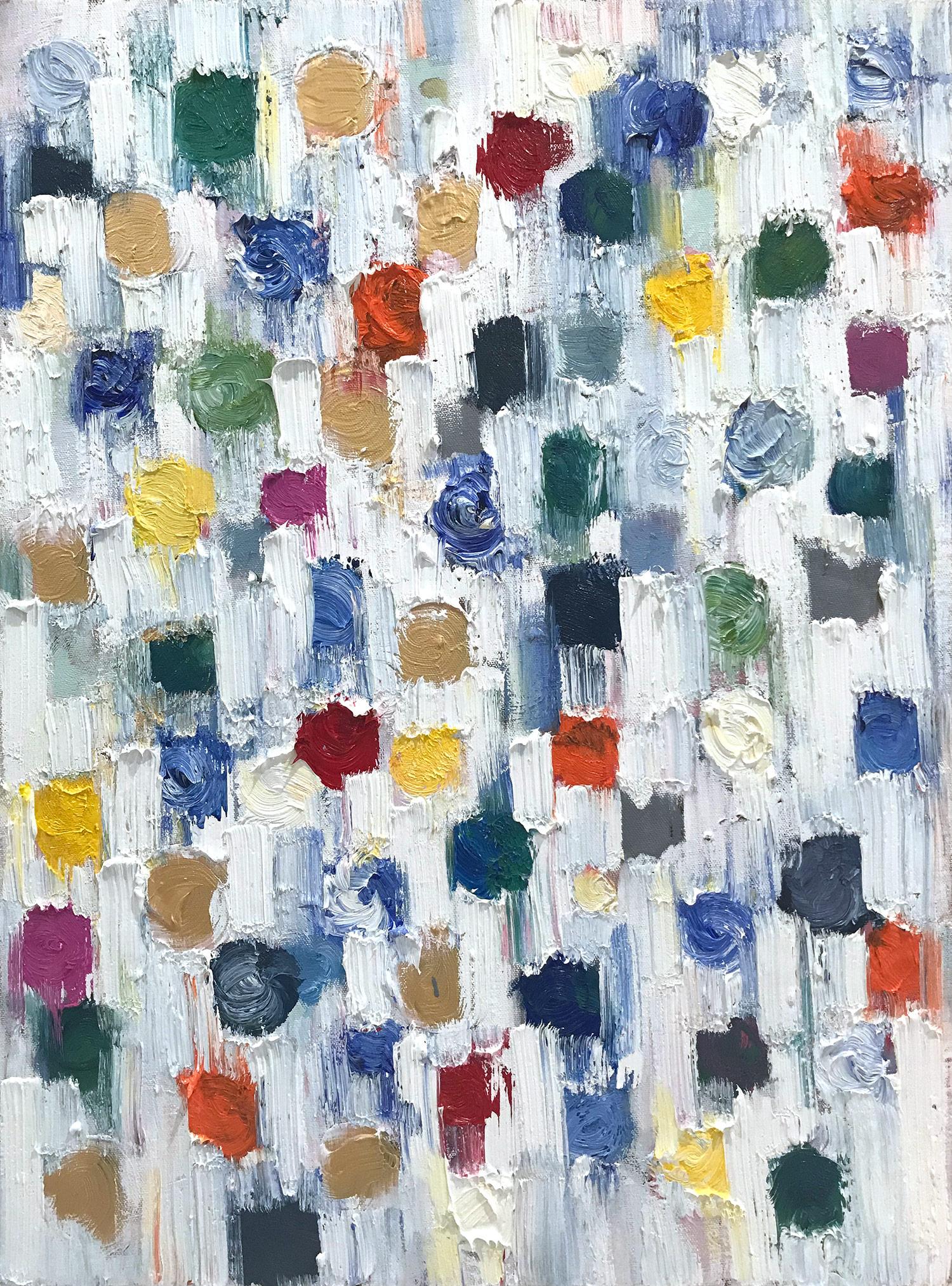 Abstract Painting Cindy Shaoul - "Dripping Dots - Capri" Peinture à l'huile abstraite colorée sur toile