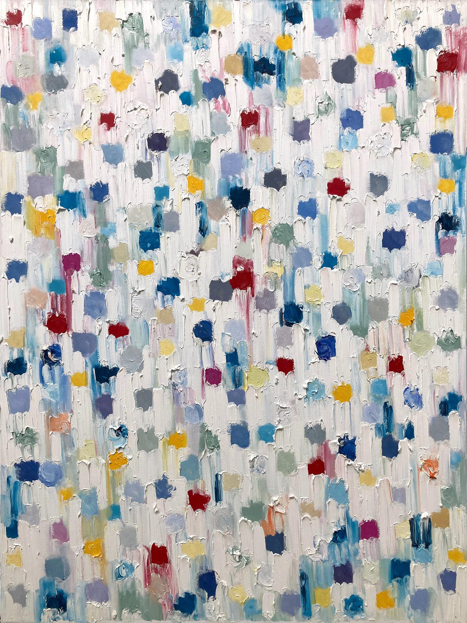 Abstract Painting Cindy Shaoul - "Dripping Dots - Capri" Peinture à l'huile abstraite contemporaine colorée sur toile