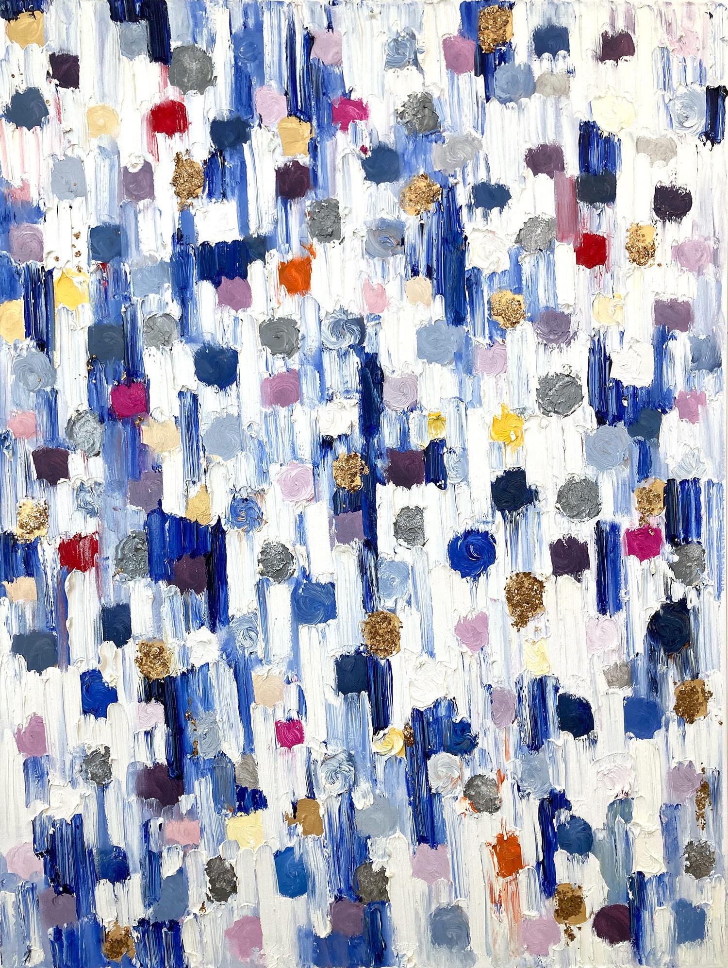 With layers of bright oils and whisking brush strokes, the paint is able to shine and shimmer in a very unique pattern. The artist uses thick textured oils and glass to add a very contemporary, urban feel. The “Dripping Dots” cascade down the canvas