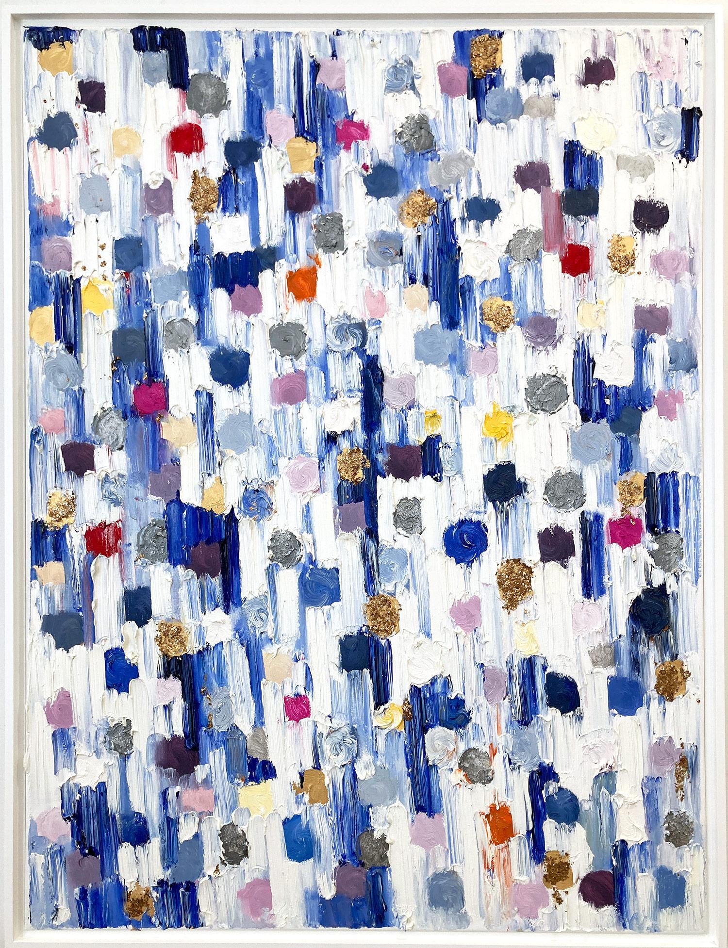 Abstract Painting Cindy Shaoul - "Dripping Dots - Capri" Multicolore Or Argent Contemporain Peinture à l'huile sur toile