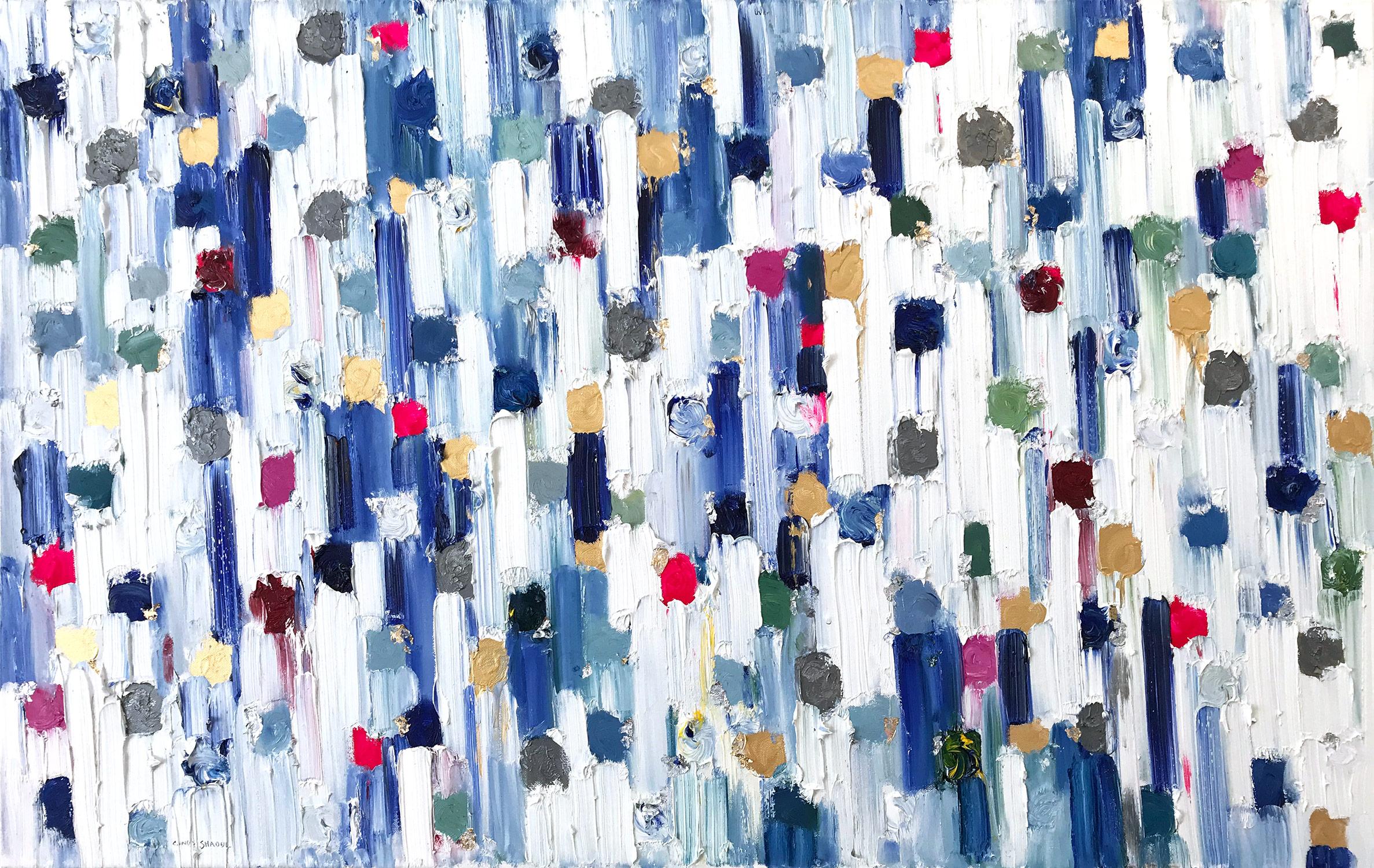 Abstract Painting Cindy Shaoul - "Dripping Dots - Carrera" Peinture à l'huile abstraite contemporaine colorée sur toile