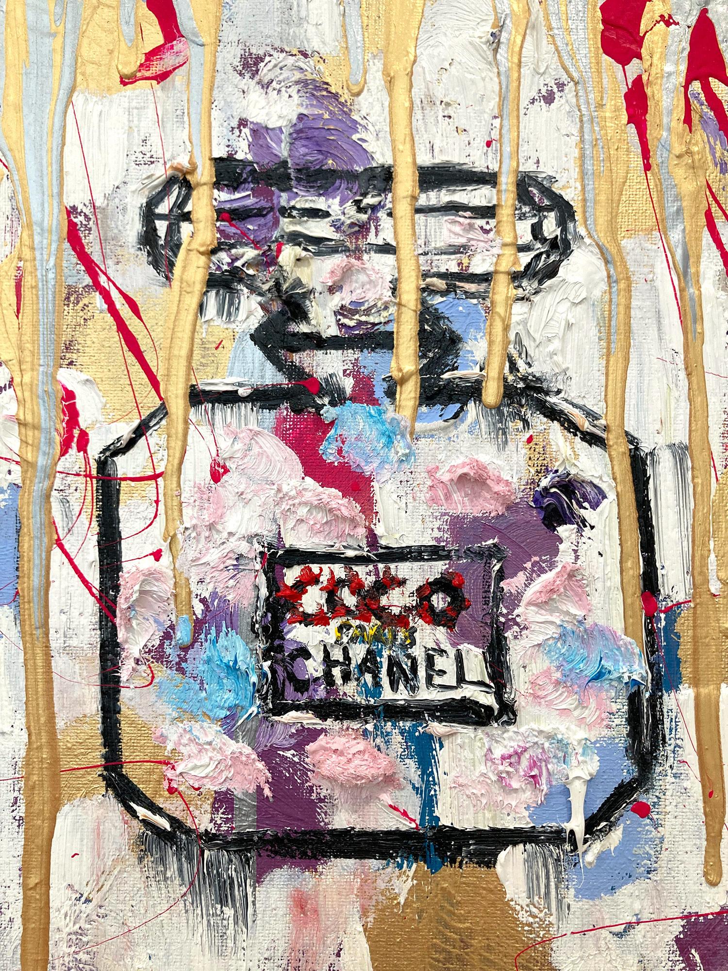 „Dripping Dots – Chanel in Calypso“ Parfümflasche, Chanel, Ölgemälde auf Leinwand – Painting von Cindy Shaoul