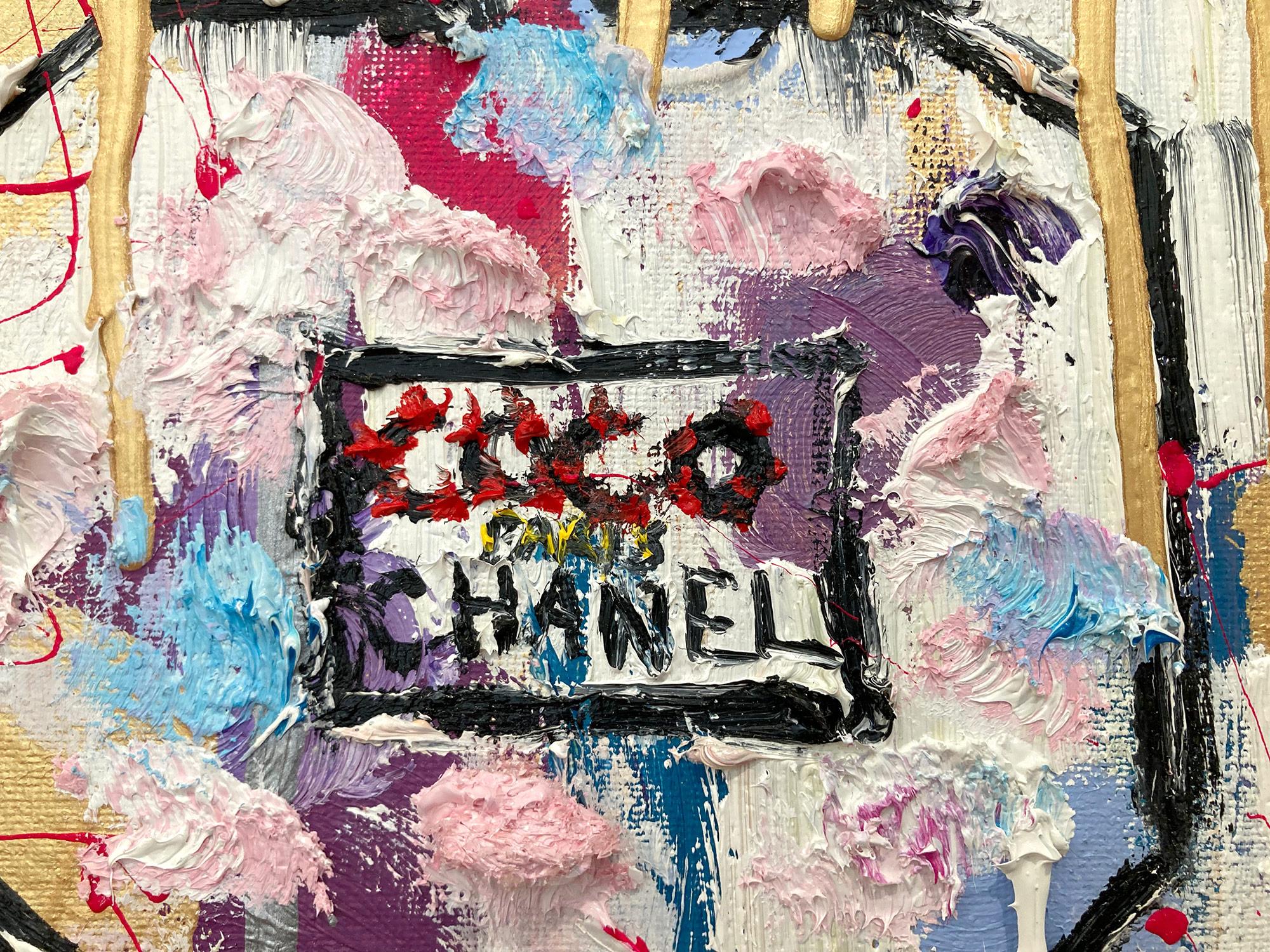 „Dripping Dots – Chanel in Calypso“ Parfümflasche, Chanel, Ölgemälde auf Leinwand (Zeitgenössisch), Painting, von Cindy Shaoul