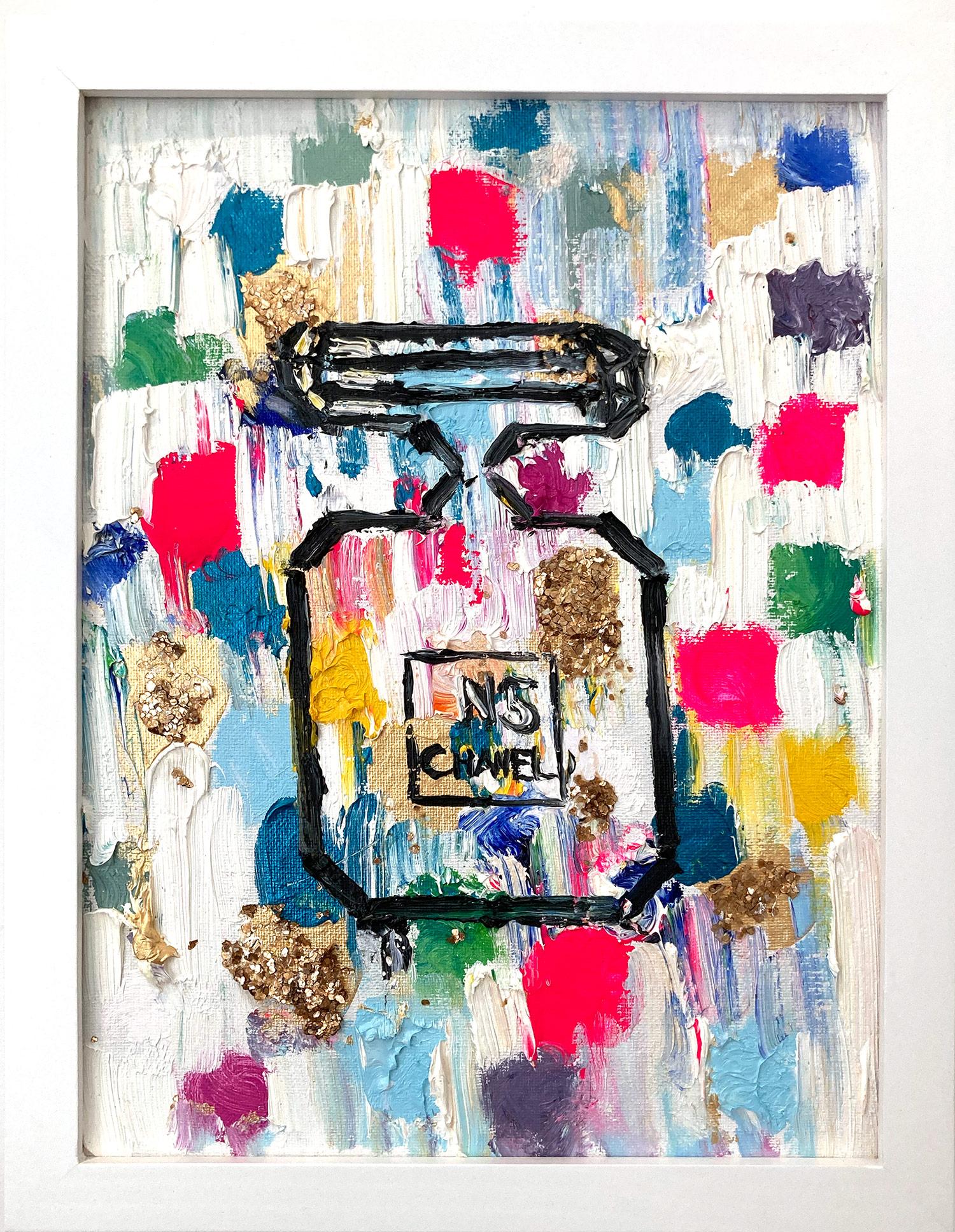 Cindy Shaoul Abstract Painting – Zeitgenössisches Chanel-Parfümflaschengemälde ""Dripping Dots - Chanel in Ibiza"