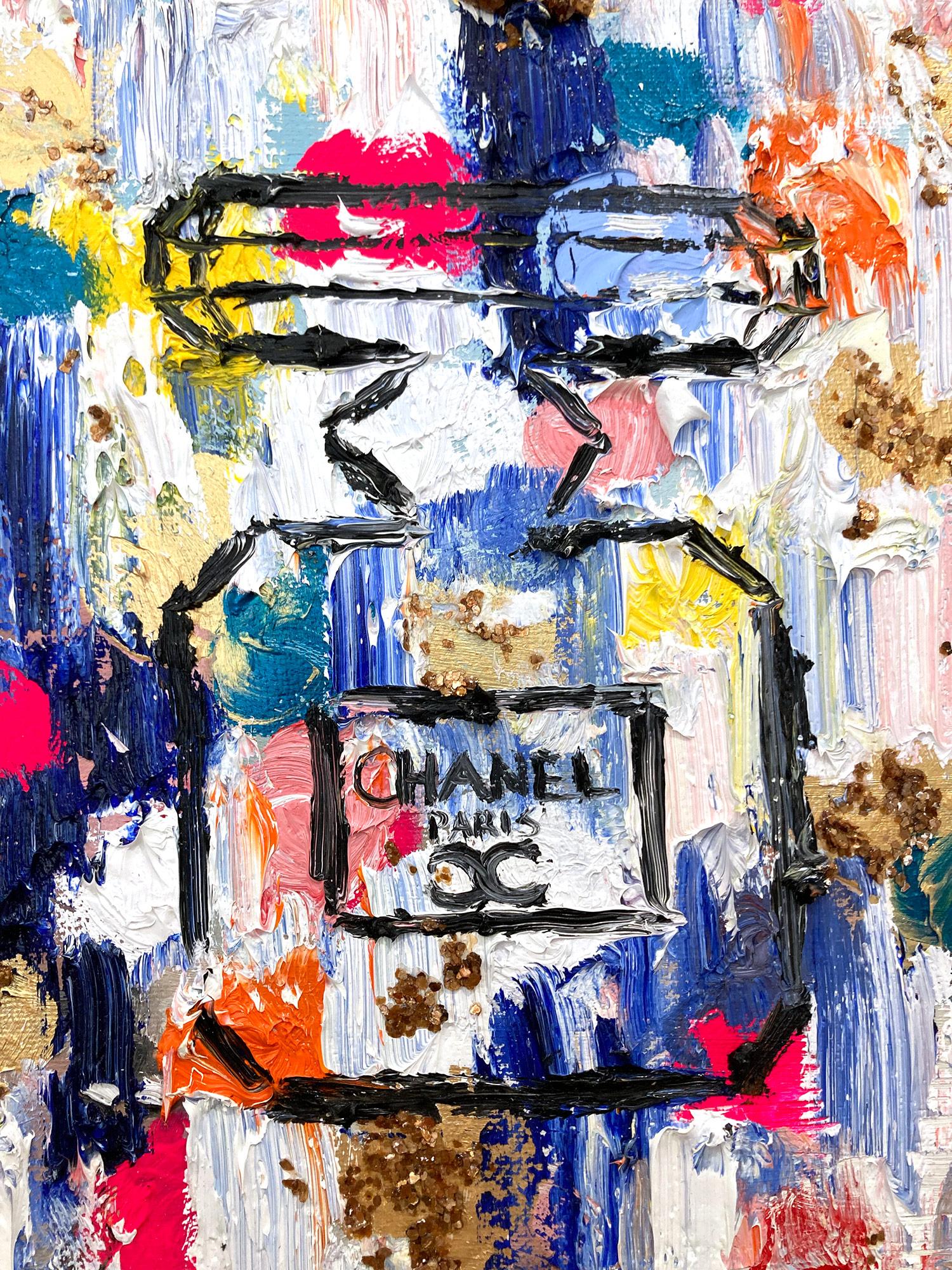 „Dripping Dots – Chanel in Montmartre“ Pop-Art-Parfümflasche, Chanel-Gemälde (Zeitgenössisch), Painting, von Cindy Shaoul