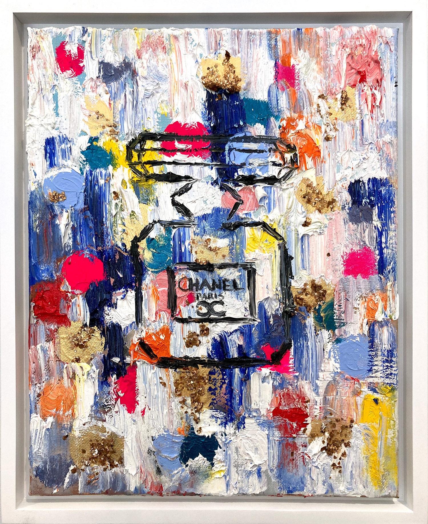 Cindy Shaoul Abstract Painting – „Dripping Dots – Chanel in Montmartre“ Pop-Art-Parfümflasche, Chanel-Gemälde