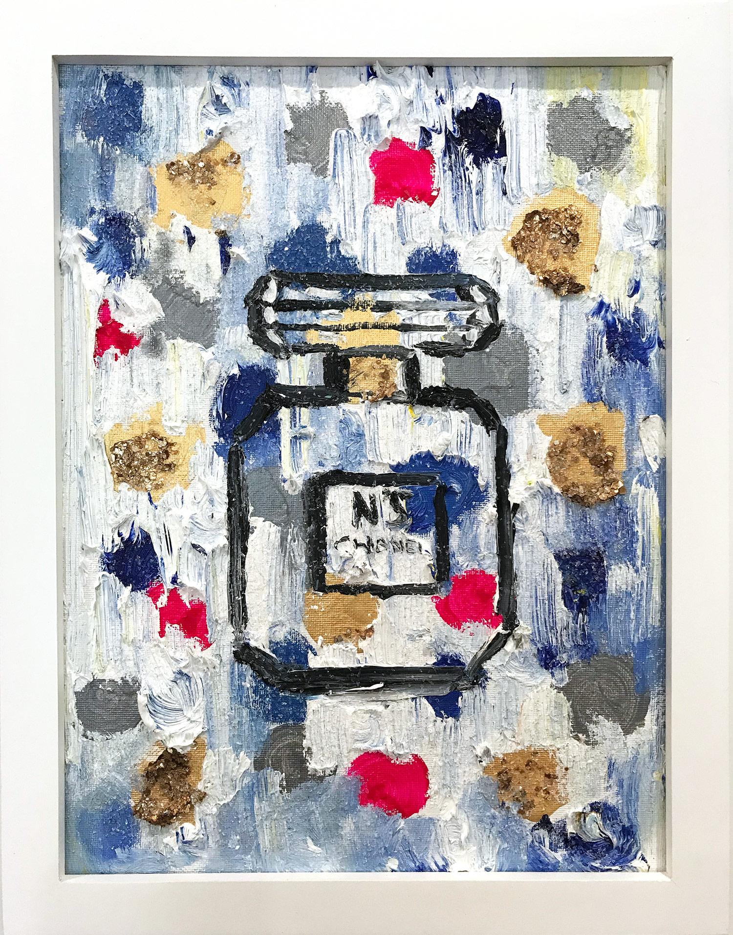 Cindy Shaoul Still-Life Painting – ""Dripping Dots - Chanel in Procida"" Zeitgenössische Parfümflasche Chanel Gemälde