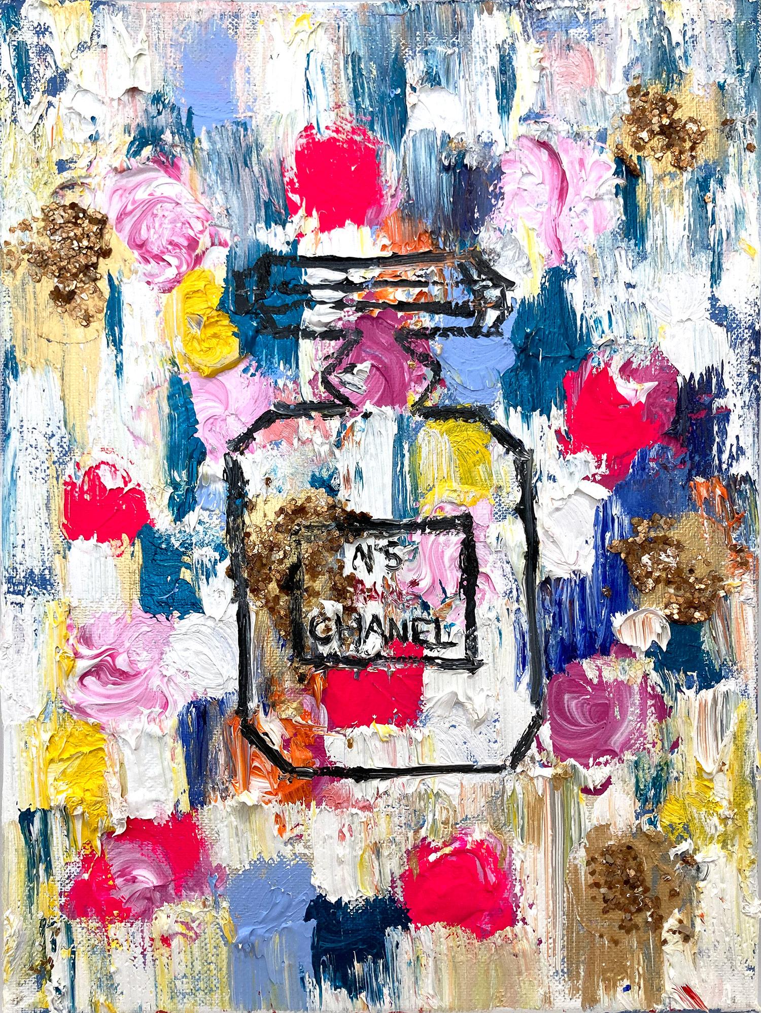 „Dripping Dots – Chanel in Spring“ Pop-Art-Parfümflasche, Chanel-Gemälde – Painting von Cindy Shaoul