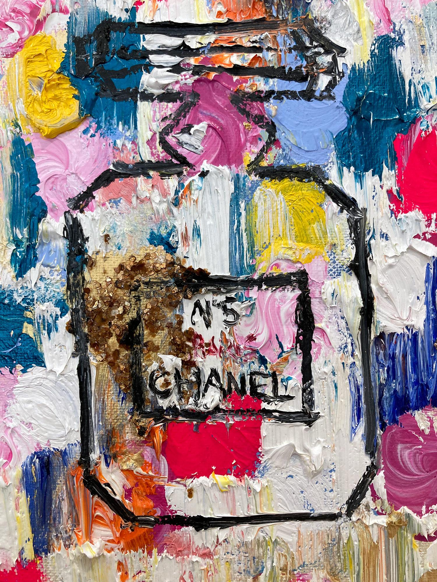 „Dripping Dots – Chanel in Spring“ Pop-Art-Parfümflasche, Chanel-Gemälde (Zeitgenössisch), Painting, von Cindy Shaoul