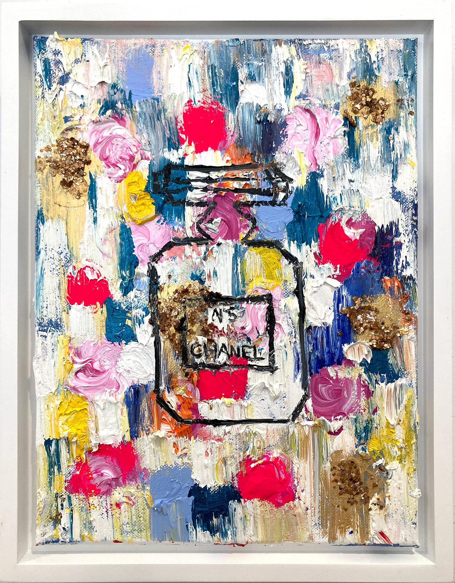 Cindy Shaoul Still-Life Painting – „Dripping Dots – Chanel in Spring“ Pop-Art-Parfümflasche, Chanel-Gemälde