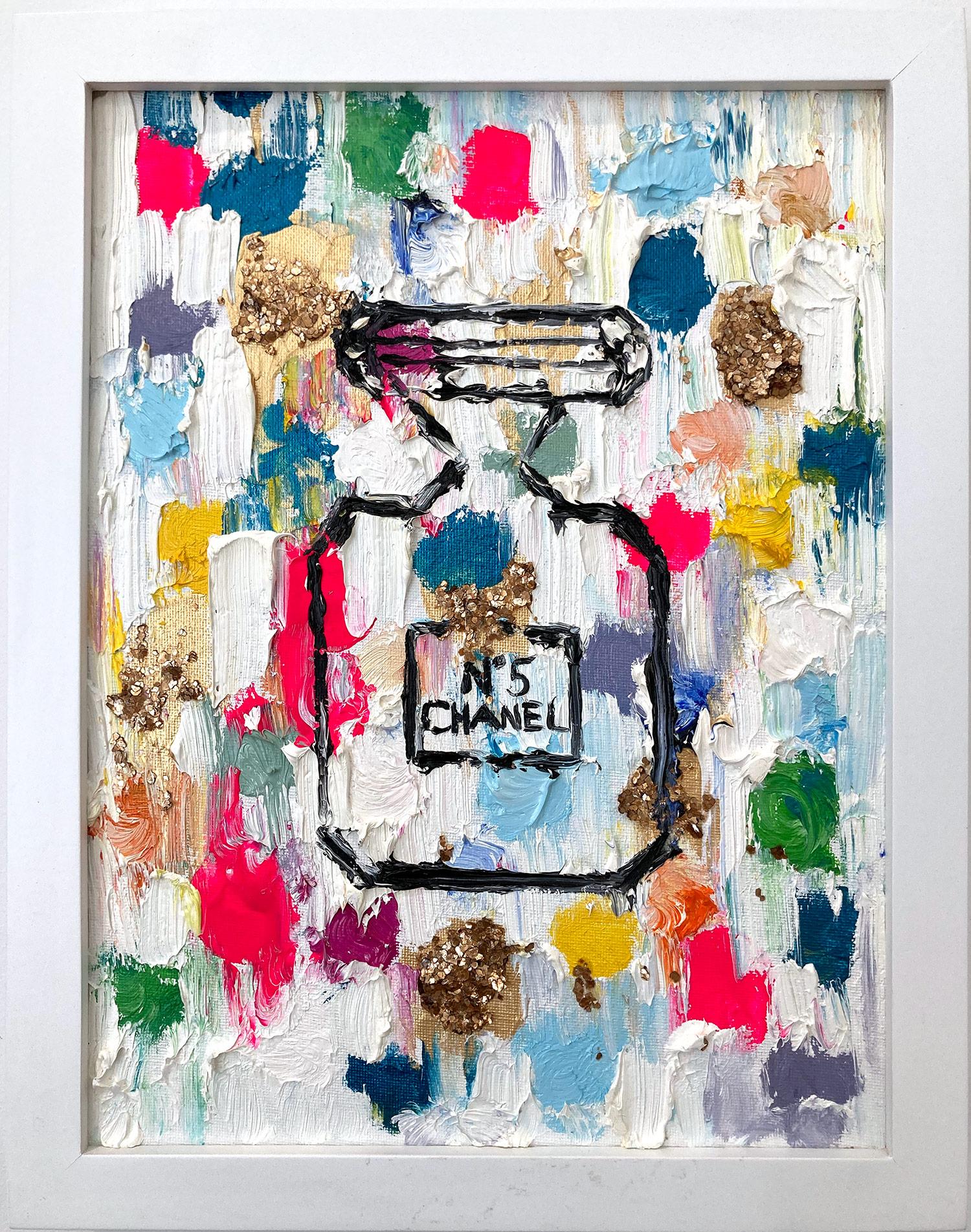 Cindy Shaoul Abstract Painting - "Dripping Dots - Chanel in St Barts" Contemporary Perfume Bottle Chanel Painting