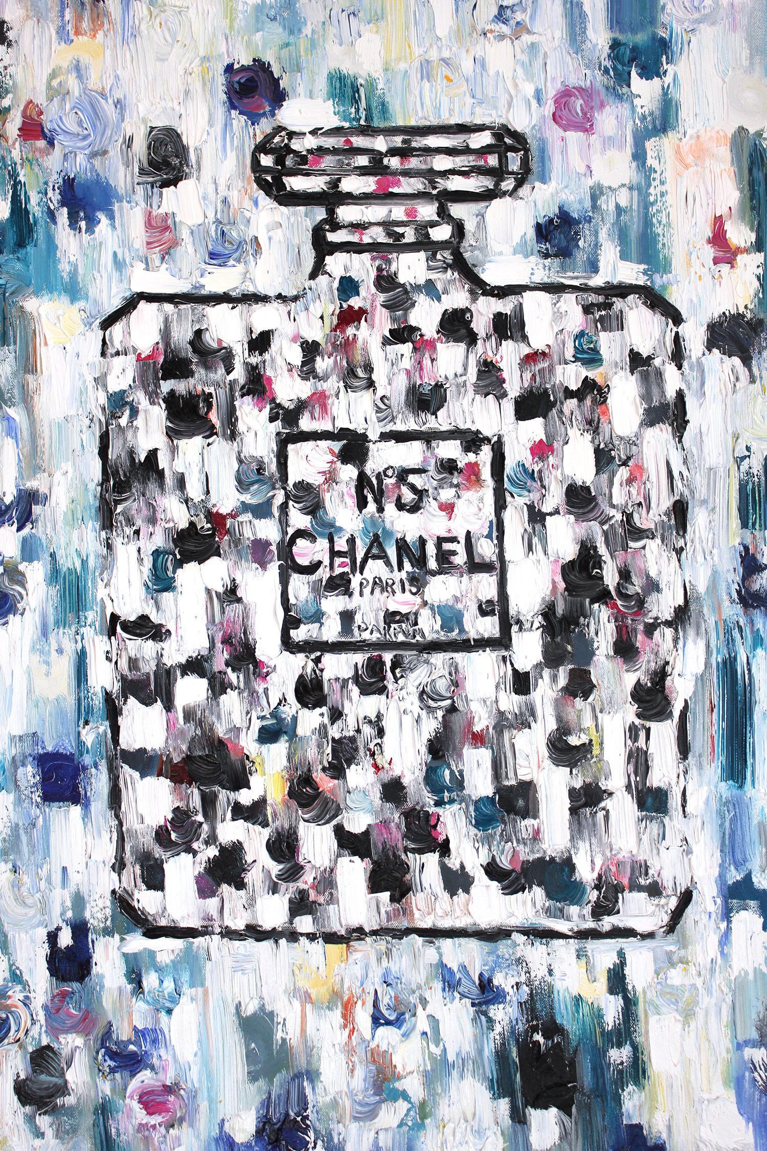 „Dripping Dots - Chanel in St. Tropez“ Öl auf Leinwand Chanel Parfümflasche – Painting von Cindy Shaoul