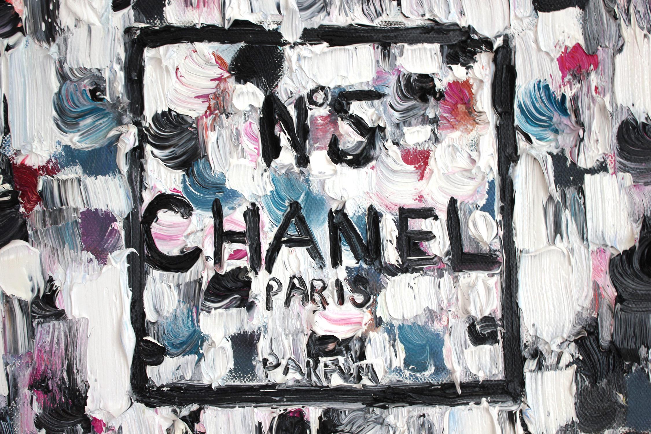 „Dripping Dots - Chanel in St. Tropez“ Öl auf Leinwand Chanel Parfümflasche (Zeitgenössisch), Painting, von Cindy Shaoul