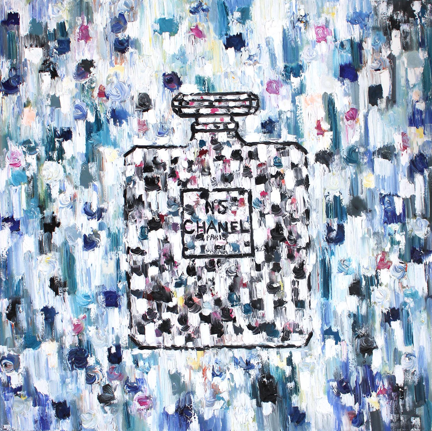 Cindy Shaoul Still-Life Painting – „Dripping Dots - Chanel in St. Tropez“ Öl auf Leinwand Chanel Parfümflasche
