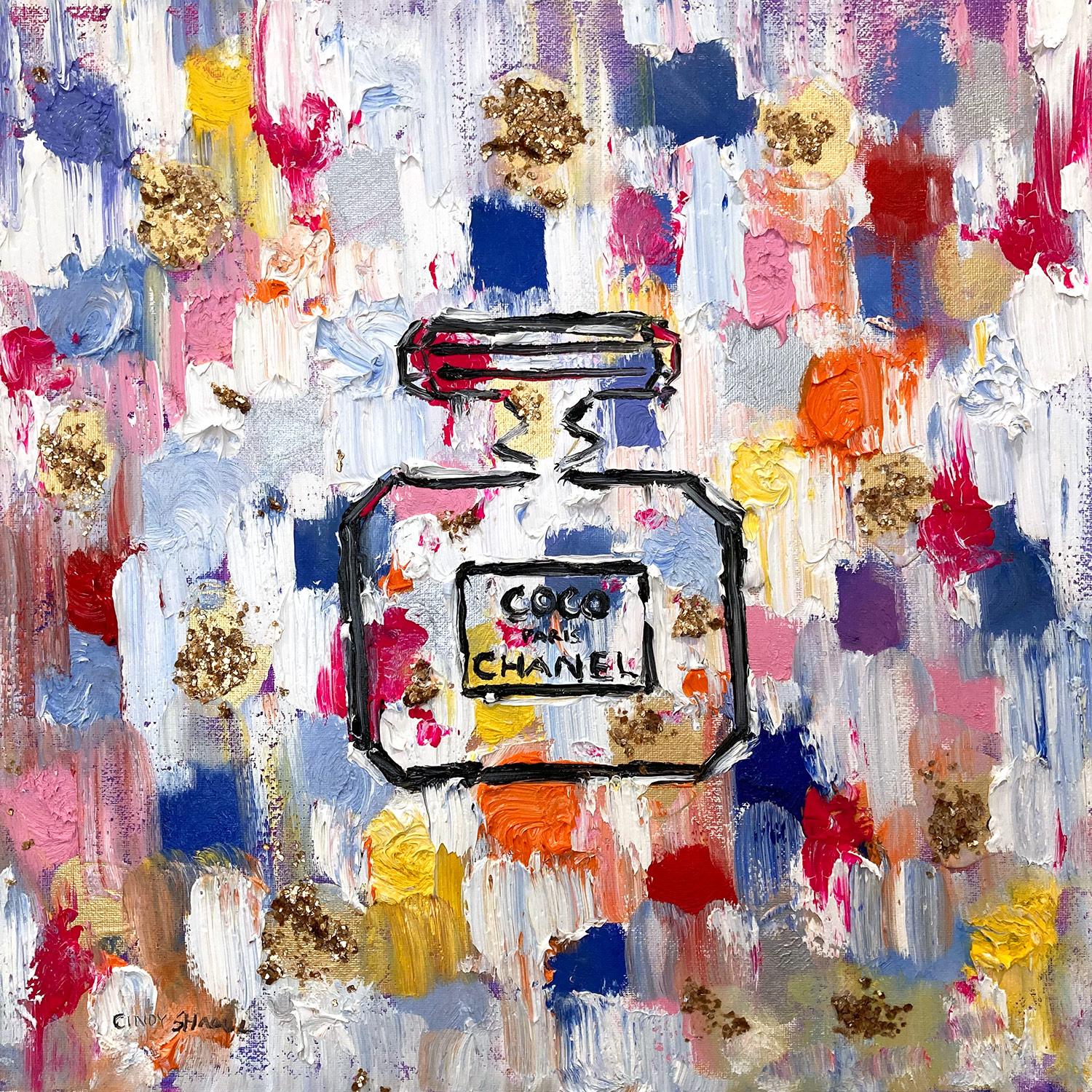 Cindy Shaoul Still-Life Painting - "Dripping Dots - Coco Days in Paris" Contemporary Perfume Bottle Oil Painting